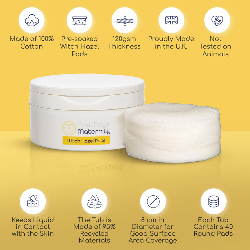 [Australia] - First Days Maternity - Postpartum Accessories Witch Hazel Pads - Witch Hazel Postpartum Pads for Perineal Discomfort - Thick, Absorbent, Gentle on the Skin - Postpartum Essentials - Made in UK - 40 Postnatal Pads 40 Count (Pack of 1) 