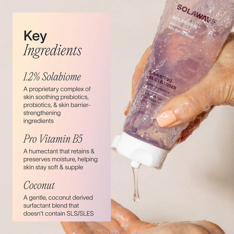Solawave Probiotic Gel Facial Cleanser - Prebiotics & Pro Vitamin B5, 3.4oz | Gently removes makeup, oil & impurities without stripping the microbiome. Non-irritating, coconut-derived, all skin types.