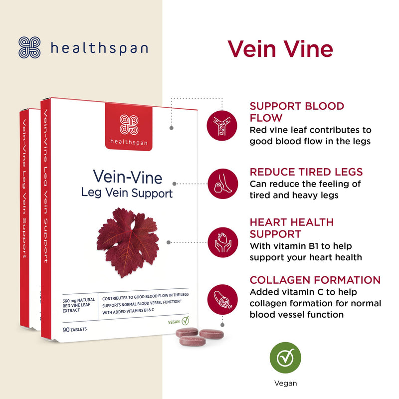 Healthspan Vein Vine Leg Vein Support 360mg (180 Tablets) | for Tired & Heavy Legs | Maintains Healthy Leg-Vein Functions | Red Vine Leaf Extract | Added Vitamins B1 & C | Vegan 90 count (Pack of 2)