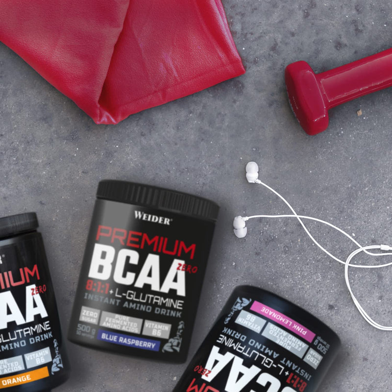 Premium BCAA 8:1:1+L-Glutamine (500g) Blue Raspberry Flavour, Recovery Combination of Amino Acids with Kyowa Quality® L-Glutamine, Vitamin B6, Increases and Protects Muscle Mass, Zero Sugar, Vegan