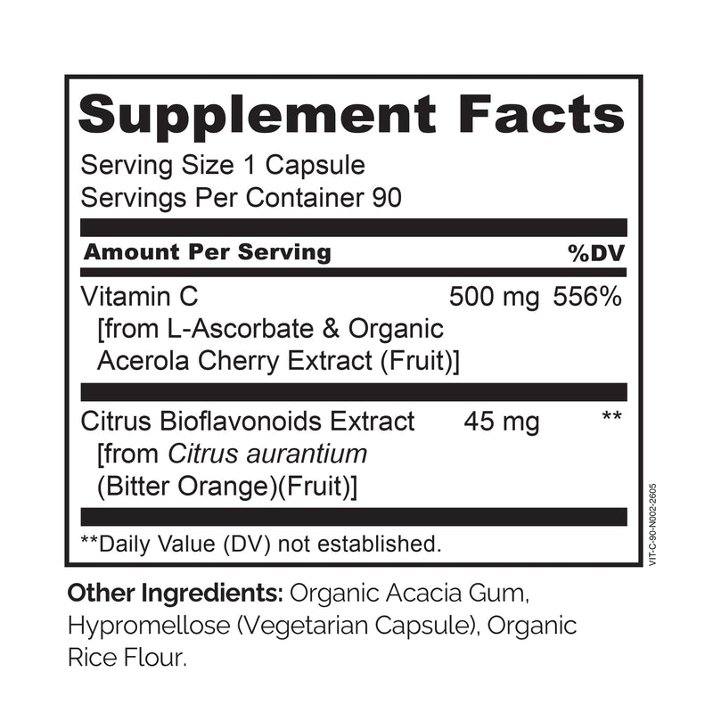 NATURELO Vitamin C 500 mg, Immune Support, Vegan, 90 Capsules | Organic acerola cherry extract, citrus bioflavonoids, Non-GMO, 500 mg VIT C per Cap 90 Count (Pack of 1)