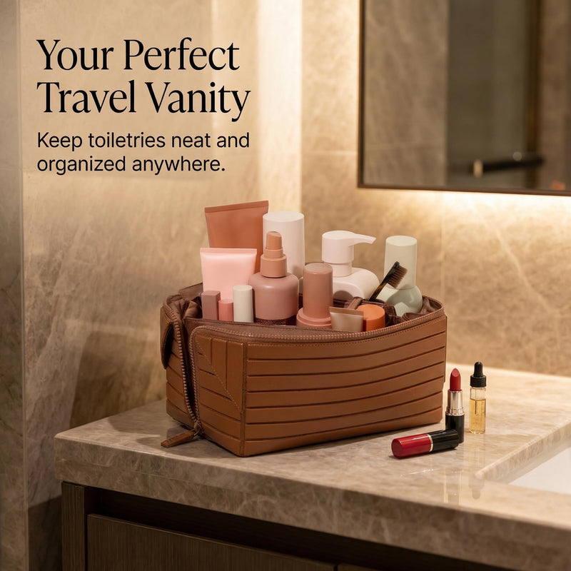 Travel Makeup Bag, Large Capacity Fold Down Cosmetic Bag for Women, Waterproof PU Leather, Pull Open Toiletry Bag with Compartments, for Skincare, Brushes & Travel Essentials (Brown) Brown