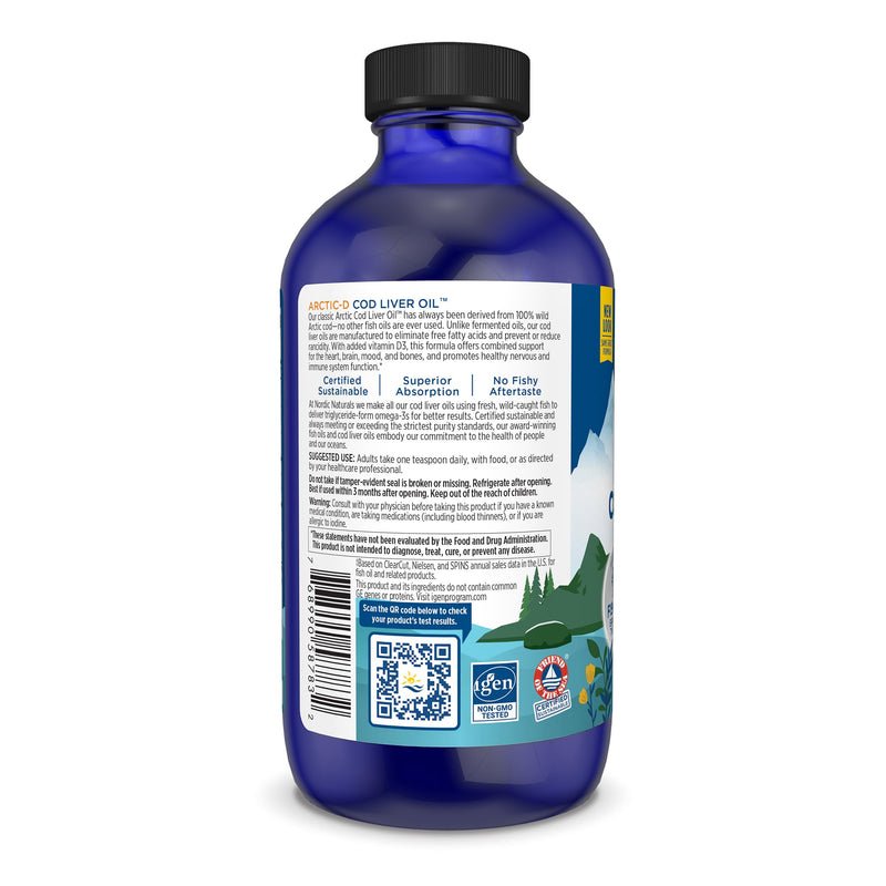 [Australia] - Nordic Naturals Arctic-D Cod Liver Oil, Lemon - 8 oz - 1060 mg Total Omega-3s + 1000 IU Vitamin D3 - EPA & DHA - Heart, Brain, Bone, Immune & Mood Support - Non-GMO - 48 Servings 