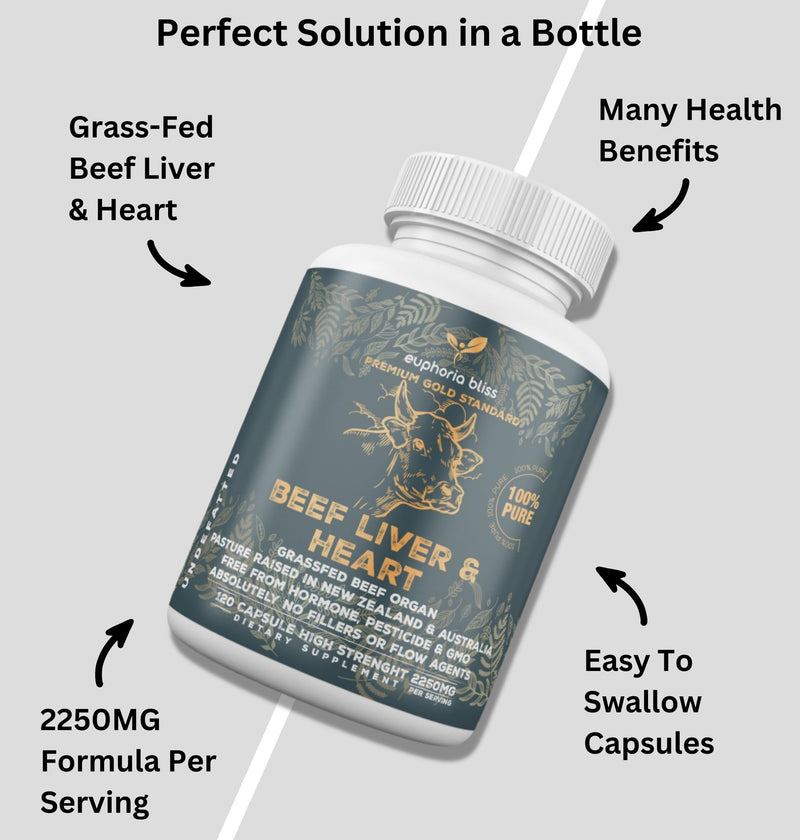 Grass Fed Desiccated Beef Liver & Heart Capsules 2250mg (120 Pills, 750mg Each) – CoQ10 - Energy - Digestion – Heart - Detoxification Non-GMO - Freeze Dried - Pasture Raised Undefatted in New Zealand