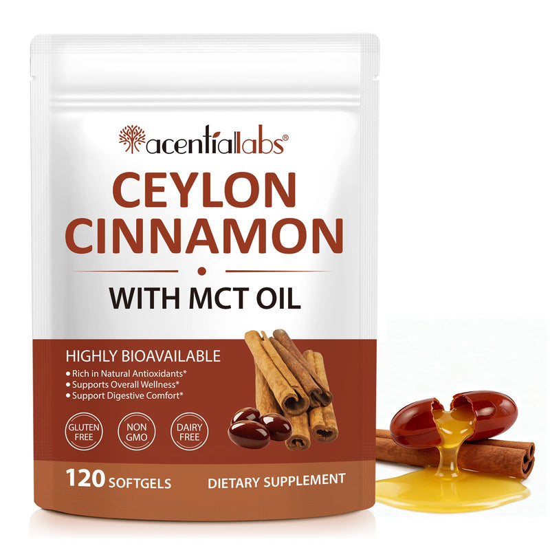 Ceylon Cinnamon Softgels with MCT Oil 600mg | True Cinnamomum Verum Bark Extract | Natural Antioxidant Support & Digestive Comfort | Easy Absorption | Non-GMO Gluten Free Soy Free | 120 Softgels