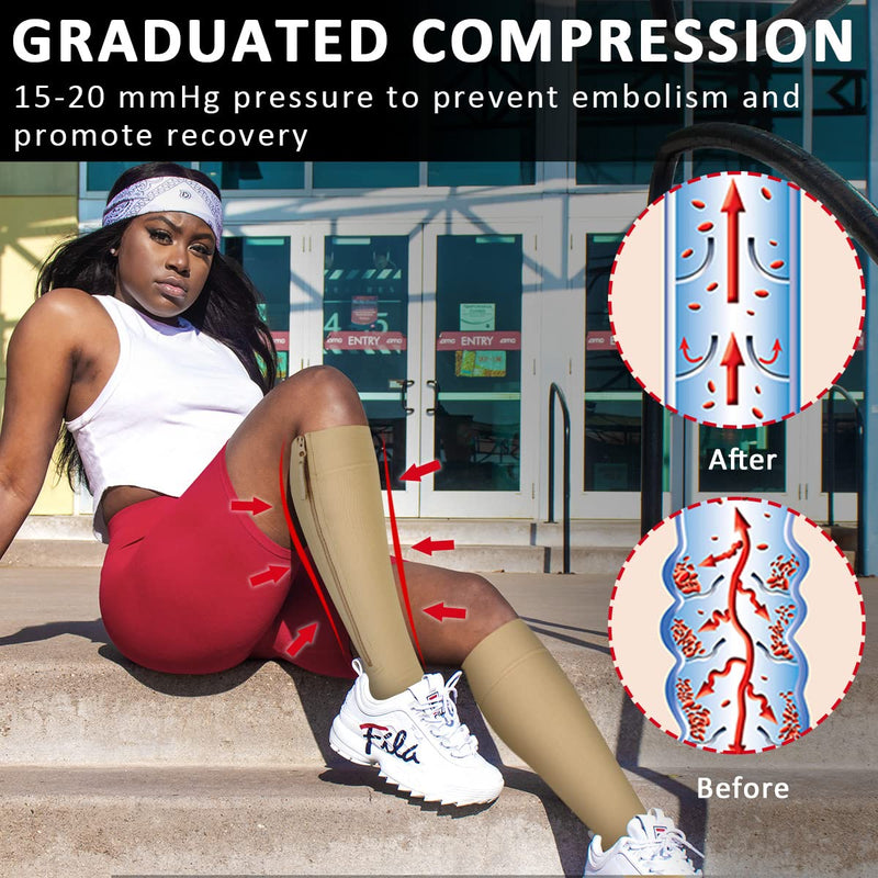 [Australia] - Ailaka Medical Compression Socks with Zipper, Knee High 15-20 mmHg Compression Socks for Women Men, Open Toe Support Socks for Varicose Veins, Edema, Recovery, Pregnant, Nurse X-Large (1 Pair) Beige 