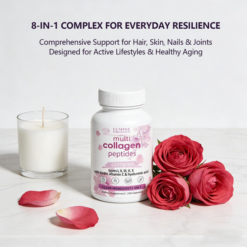 1PCSLumine Organics Collagen, Hydrolyzed Collagen Peptides Capsules,Type I,II,III,V,X with Biotin,Hyaluronic Acid Powder,Vitamin C,Non-GMO,240 Capsules (1PCS)