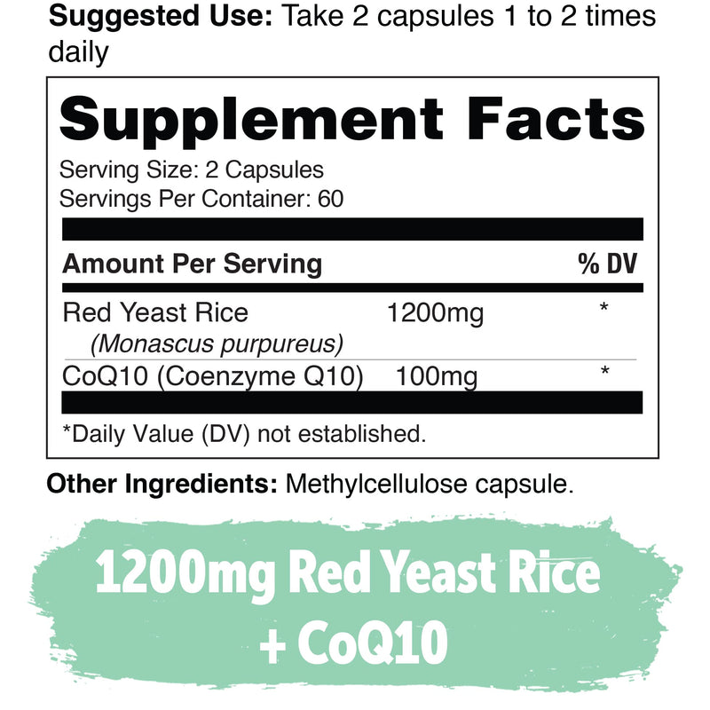 [Australia] - Red Yeast Rice 1200 mg Capsules with CoQ10 – Maintain Healthy Cholesterol Levels, Herbal Heart Health Vegan Red Yeast Rice Supplement - Red Rice Yeast with CoQ10 for Women & Men - 120 Ct 7.5 Pound (Pack of 1) 