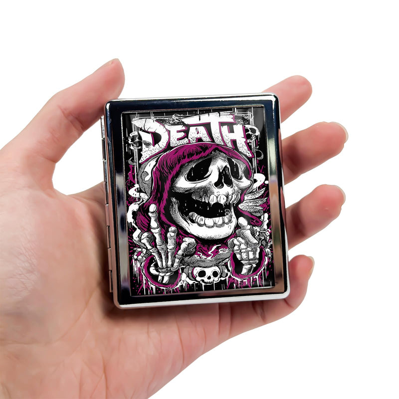 Metal Pill Organizer Box with Mirror – 8 Compartment Chrome Pill Case, Pocket-Size Travel Pill Container for Vitamins, Seniors, Daily Use (Death in Pop Style) Death in Pop Style