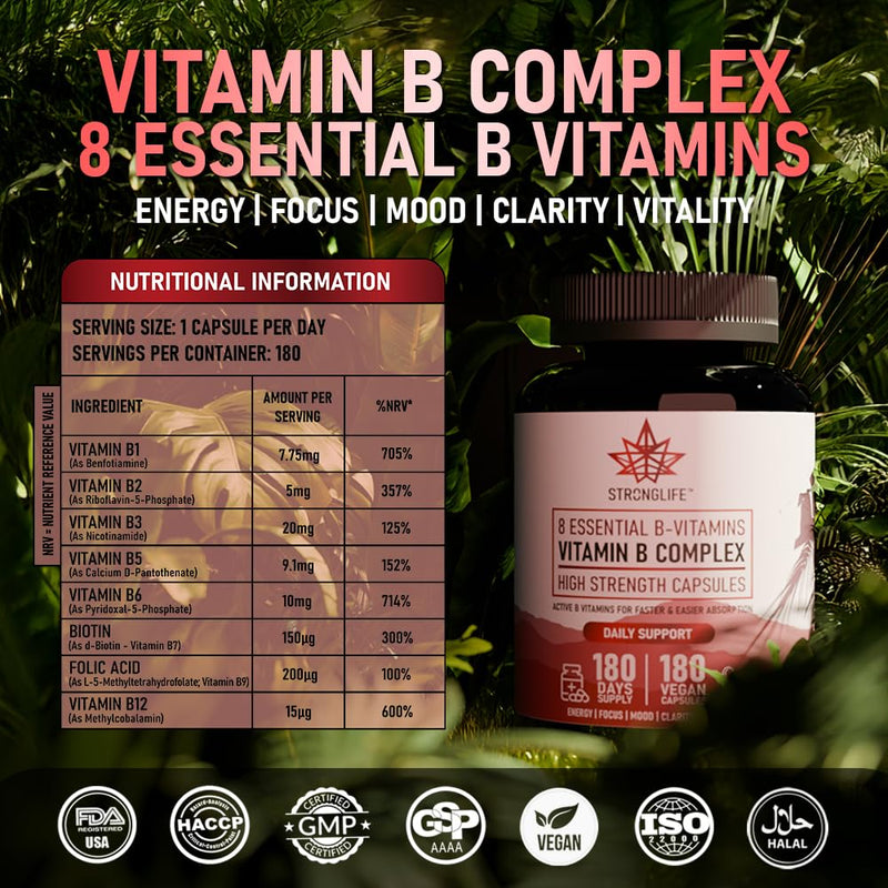 Vitamin B Complex Capsules 2000mg - 180 Vegan Capsules – High Strength – 180 Days Supply – for Men & Women