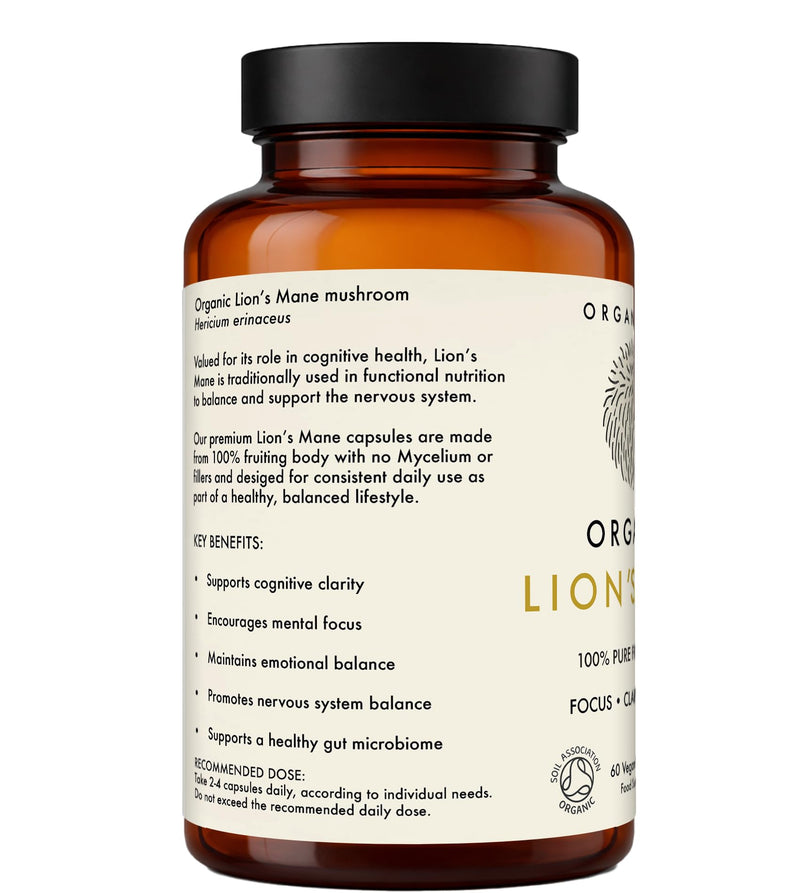 Organic Lion's Mane Capsules 500mg | 100% Pure Fruiting Body Hericium Erinaceus | Cognitive Function & Focus | 60 Vegan Capsules | Soil Association Certified | No Mycelium or Fillers