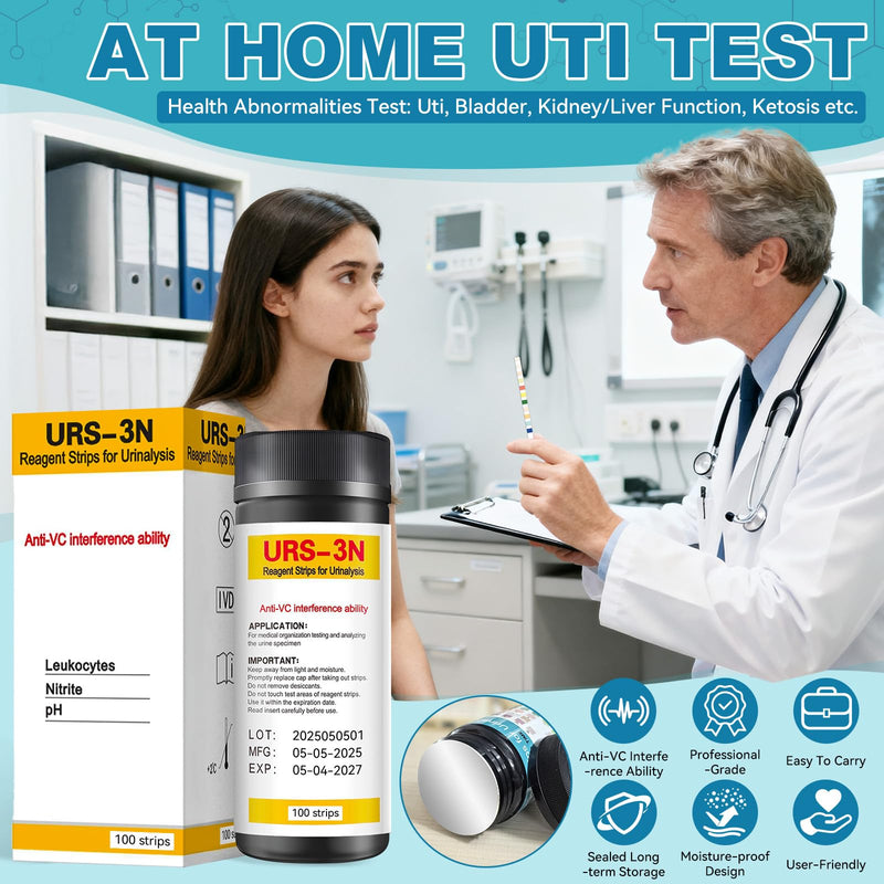 Urine Test Strips, 3-in-1 100 Strips UTI Test Strips, Urine Test Strips for Urinalysis Full Panel at Home, Urinalysis Test Strips for Leukocytes, Nitrite, pH for Women Men 1 Count (Pack of 100)