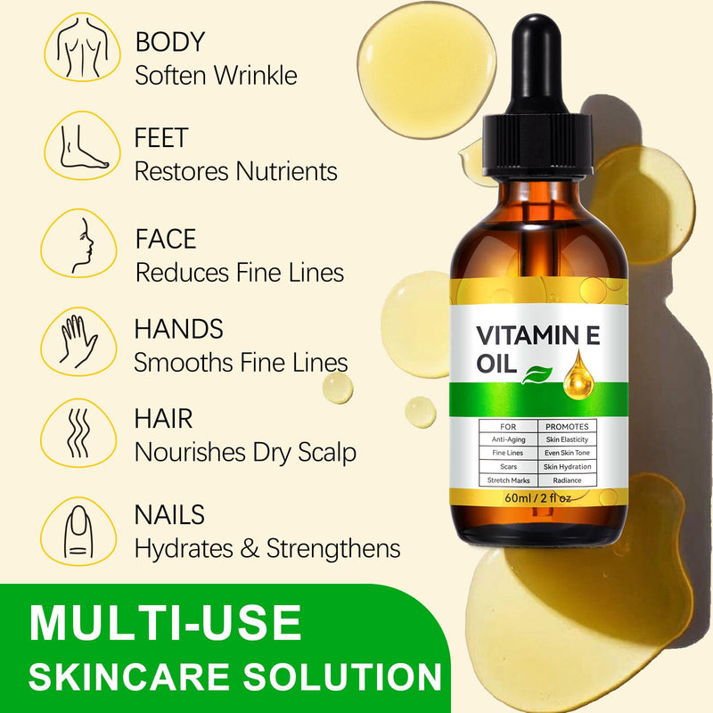 2 Pack Vitamin E Oil for Skin, Scars, Hair, Face and Scalp, (2oz of each) | 100% Pure, Fades Marks, Anti-Aging Face & Body Moisturizer, Hexane-Free, Natural Vegan Oil for Skin & Hair 2 Fl Oz (Pack of 2)
