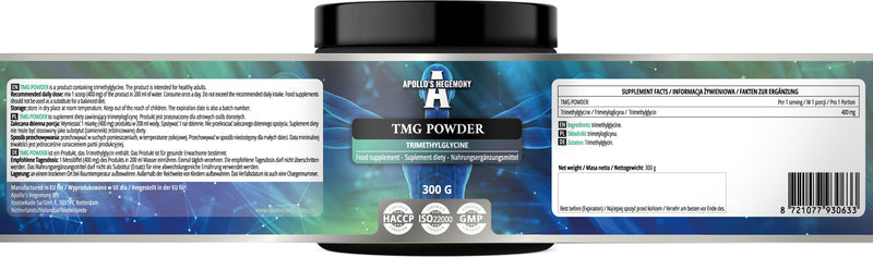 TMG Powder 300 g - Betaine - 2000 mg Trimethylglycine per Serving - 150 Servings per Pack - No Additives - Branched Chain Amino Acids - Support Metabolism - by Apollo's Hegemony
