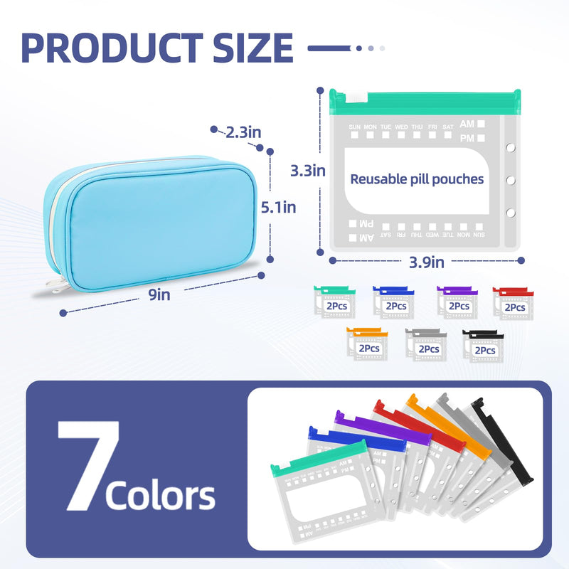 Weekly Pill Organizer 2 Times a Day – Timueetech A6 Waterproof 14 Pouch Bags for Travel, BPA-Free Medication Storage with Labels & Self-Sealing for Vitamins & Supplements, Blue 14-Pouch-Blue