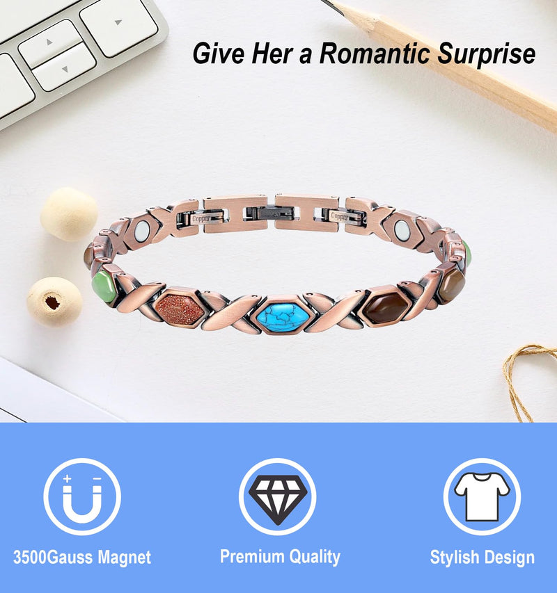 [Australia] - Magnetic Copper Bracelet for Women - Turquoise, 3500 Gauss, Rhombic-Shaped (2 Pcs) 