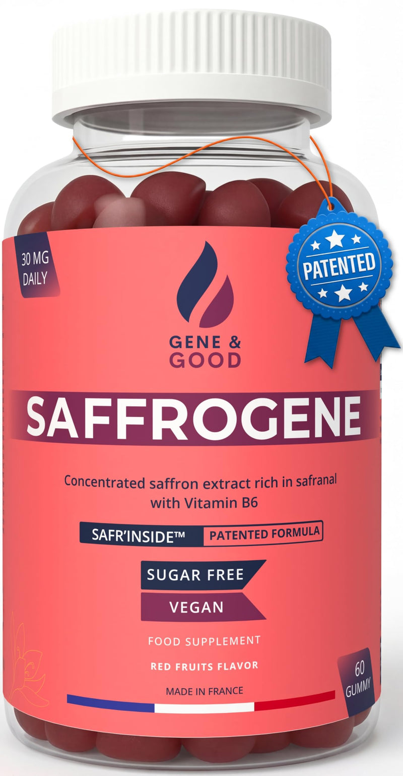 SaffroGene® Saffron Gummies + Vitamin B6 – Patented Saffron Extract – Vegan Red Berry Flavour – Mood & Emotional Balance Support – Focus & Relaxation – 60 Gummies, Made in France