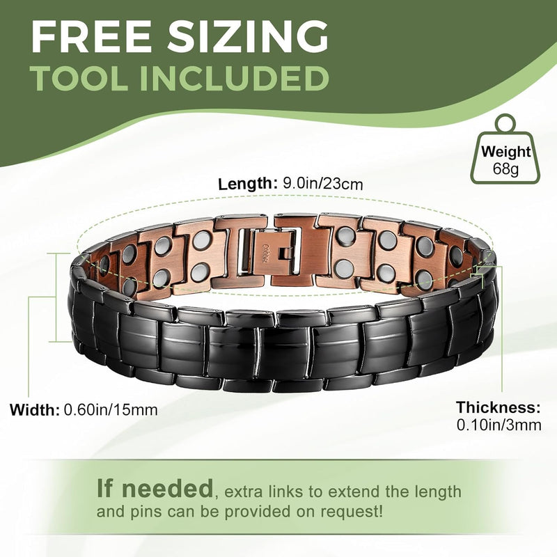 [Australia] - MagEnergy Mens Copper Magnetic Bracelets, 99.9% Pure Copper Bracelet with Double-Row Strength Magnets, Adjustable Jewelry with Sizing Tool Black 