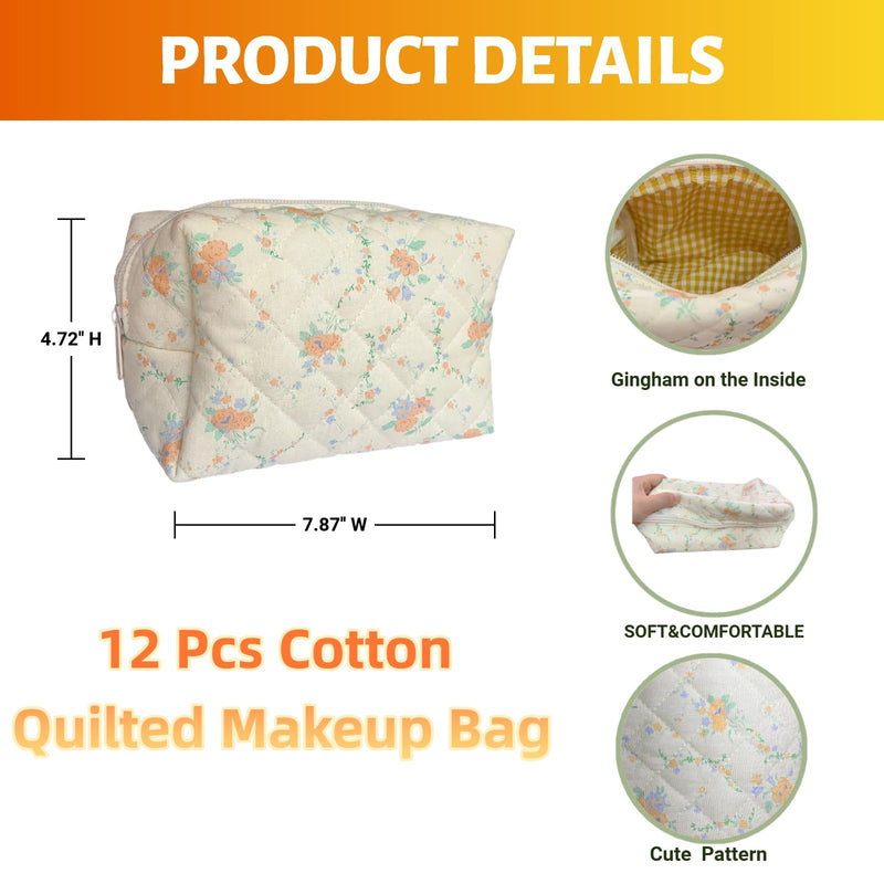 12 PCS Cotton Quilted Makeup Bags Bulk with Zipper-Graduation Gifts Floral Bridesmaid Gifts Cosmetic Makeup Pouch Birthday Gifts for Women/Mothers Day/Teacher Appreciation Gift (12 Pack) 12 PACK