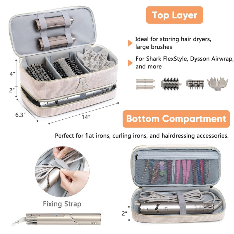 [Australia] - Initial Personalized Hair Tools Travel Bag Double-Layer Hair Dryer Case Compatible with Shark FlexStyle/SmoothStyle, Dysson Airwrap & Supersonic – Hair Tool Organizer for Travel & Home A Ivory 