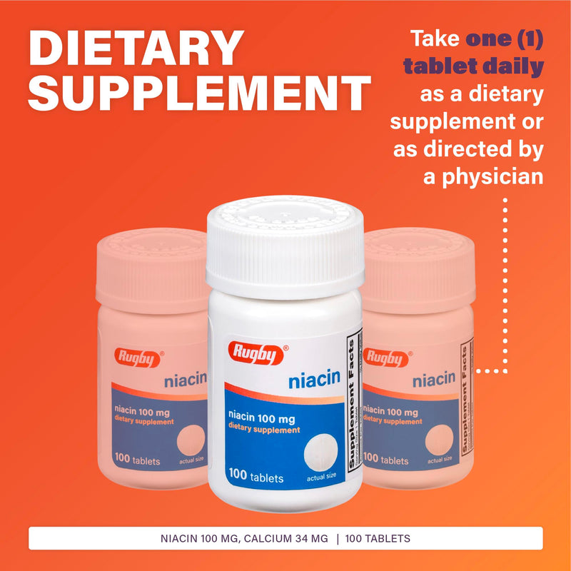 Rugby Niacin 100mg - Niacin Tablets with Calcium - Dietary Supplement - 100 Count