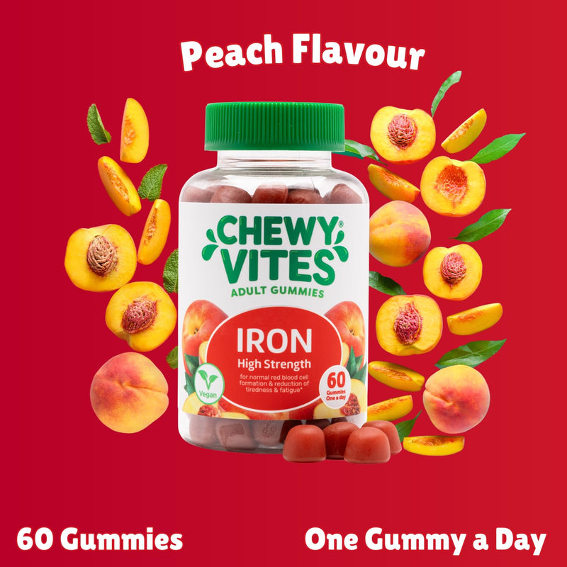 Chewy Vites Adult High Strength Iron, 60 Vitamin Gummies, 14mg Ferrous Fumerate Iron Gummies with Vitamin C, 2 Months Supply, Real Fruit Juice, Vegan, Peach Flavour