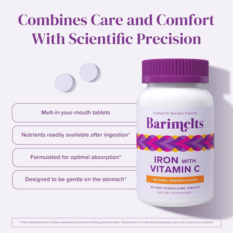 [Australia] - BariMelts Iron Supplement with Vitamin C - 1 Month Supply (90 Fast-Dissolving Tablets) - Post-Op Bariatric Vitamins 90 Count (Pack of 1) 
