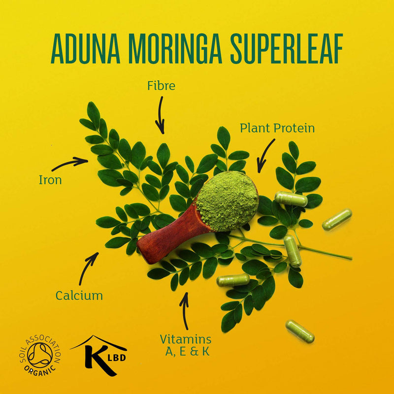 Aduna Organic Moringa Capsules 1500mg | 100% Pure Moringa Leaf for Energy, Immunity & Focus | Natural Plant-Based Food Supplement for Tiredness, Recovery & Breastfeeding | 180 Vegan Capsules