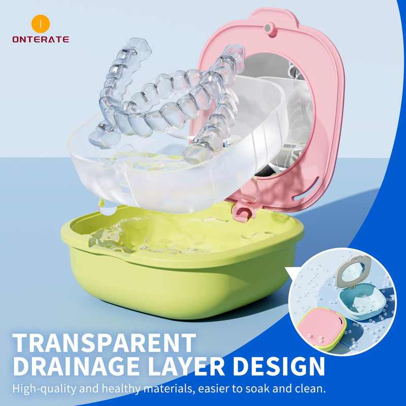 [Australia] - Magnetic Retainer Box with Mirror, Compact Denture Case with Vent Holes & Retainer Remover Tool & Chewies & Brush, Protable Aligner Cleaner Case for Night Mouth Guards, Braces (Pink Green) 