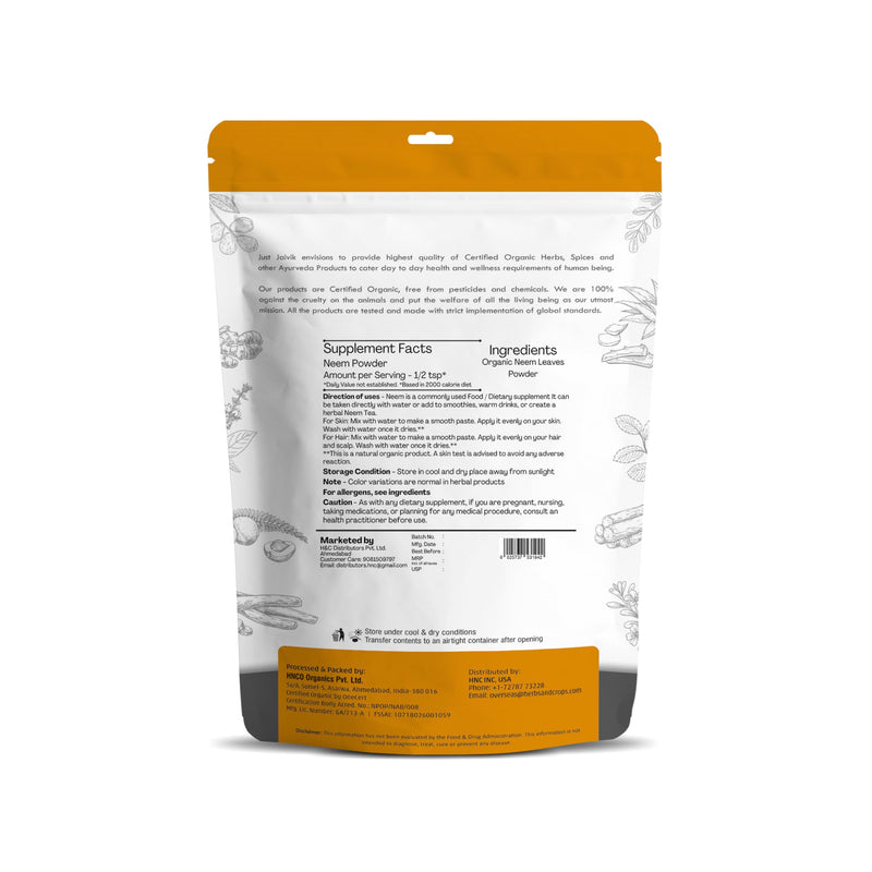 [Australia] - Just Jaivik 100% Organic Neem Leaves Powder - USDA Certified Organic, 227 GMS / 1/2 LB Pound / 08 Oz - Azadirachta Indica - Promoting Healthy Hair and Clear Skin (an USDA Organic Certified Herb) 