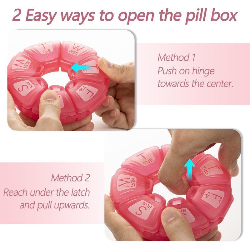 Yaklim Round Weekly Pill Organizer, TPU Rubberized, Travel Pill Container 7 Day, with 7 Large Compartments, Great for Daily Vitamins, Cute Pill Case with Large Letters and Braille (Rose) | with 7 Large Compartments, Pill Cases Organizers 7 Day with Lar...