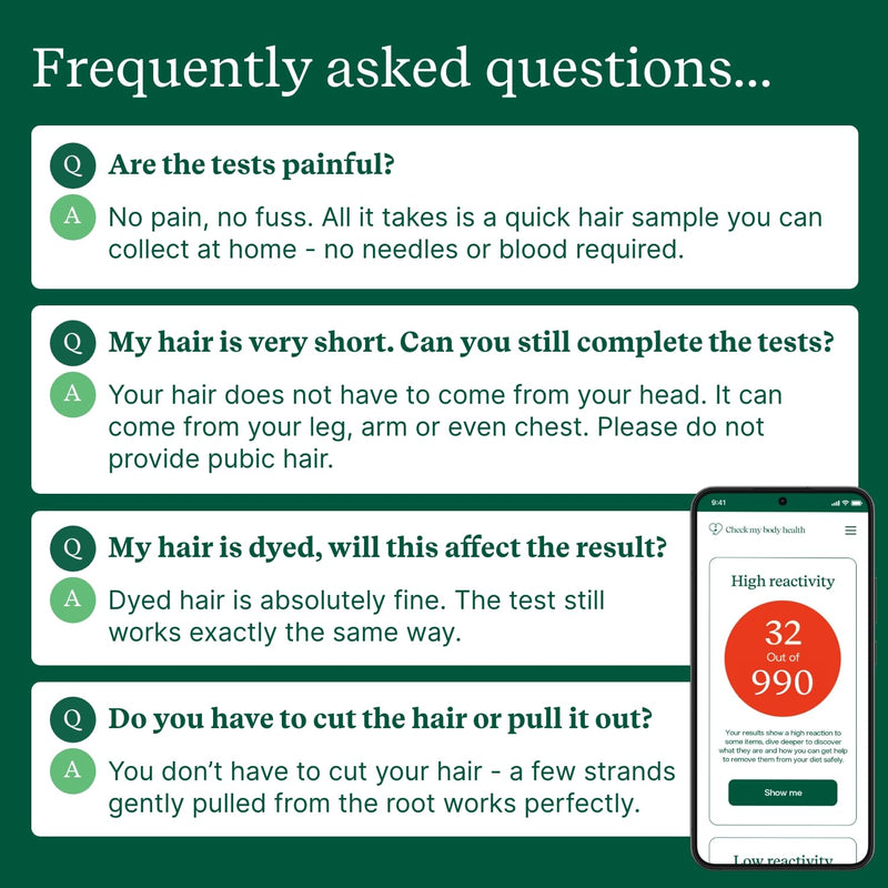 Food Sensitivity Test Kit for Adults & Kids - 990 Items - Hair Sample | Complete Food Sensitivity Test by Check My Body Health - Results in 3–5 Days - Includes Nutritional Support and Meal Planner 900 Test Kit