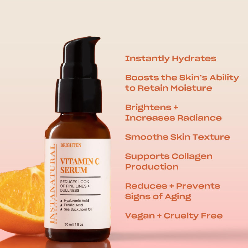 InstaNatural Vitamin C Face Serum, Brightens, Hydrates and Reduces Signs of Aging, with Vitamin C, Hyaluronic and Ferulic Acid, 1 FL Oz | All Skin Types, Brightens, Hydrates, and Reduces Signs of Aging, with Vitamin C, Hyaluronic Acid, and Ferulic Acid