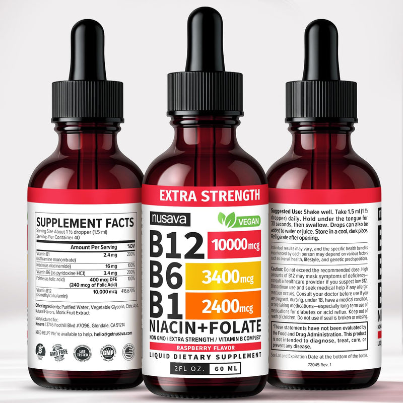 NUSAVA Extra Strength B12 Liquid Drops 10000mcg, Raspberry, Pack of 2 | Energy, Brain and Heart Support, Extra Strength Methylcobalamin B12 with B6, Non-GMO, Sublingual Drops for Women and Men