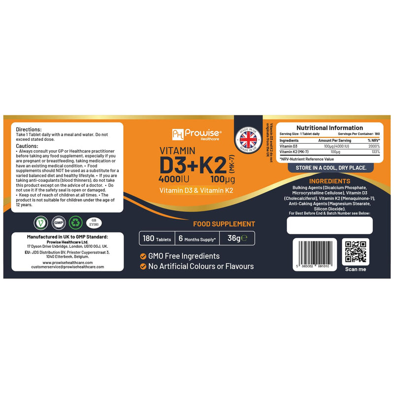 Vitamin D3 4000IU & K2 MK7 100µg Vegetarian Tablets I 180 (6 Months Supply) I Easy to Swallow Supplement for Immune Support, Calcium Boost, Bone & Muscle I Made in The UK by Prowise Healthcare
