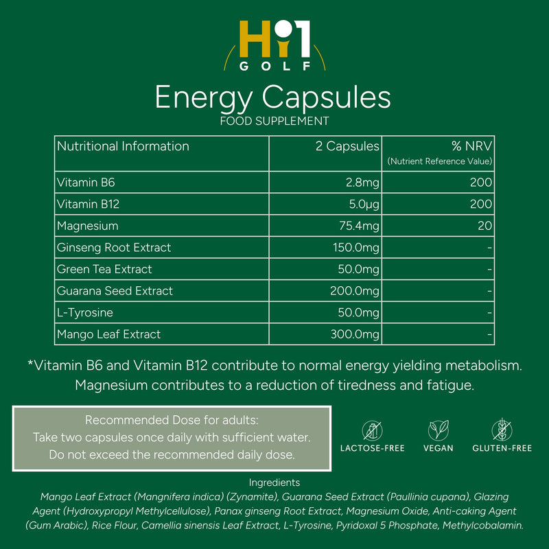 Hi1 GOLF Energy & Endurance – Golf Supplement, Stronger Swings, Faster Recovery Supports Energy, Stamina & Mental Focus with Ginseng, Green Tea & Guarana Extract, Magnesium, Vitamin B6 & B12-60Caps