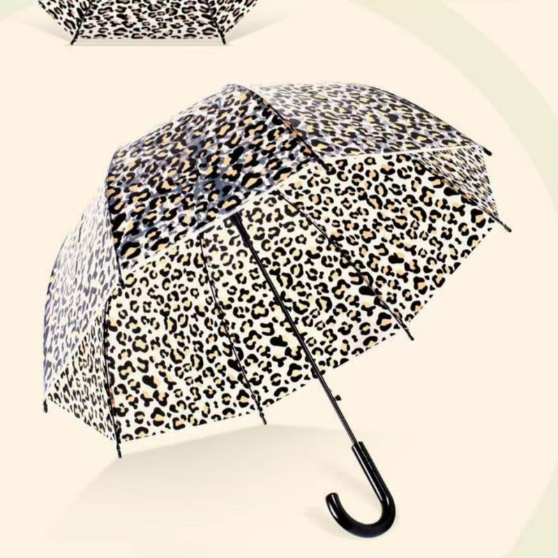2Pack Clear Windproof Bubble Stick Umbrella, Auto Open Rainproof Transparent Umbrella for Adult Boys and Girls, Lightweight Wind and Rain Protection, Dome Canopy leopard-print 2pcs