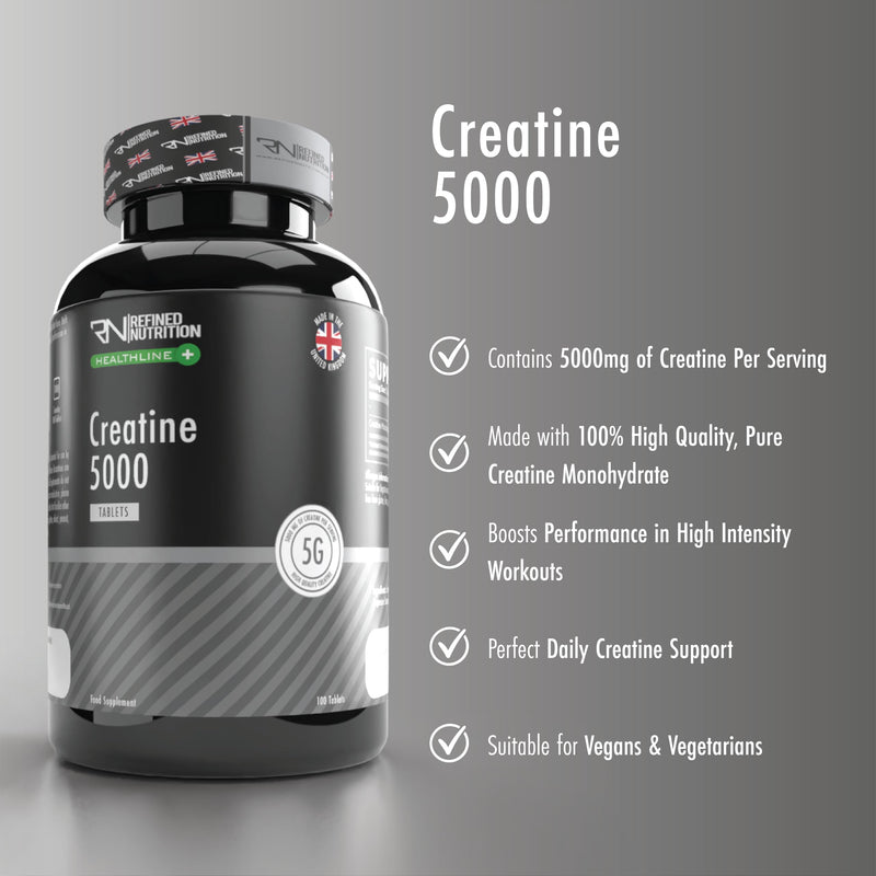 Refined Nutrition Creatine Monohydrate Tablets 5000mg – High Strength Pure Creatine 5g Serving – 100 Tablets for Muscle Growth, Power & Performance – UK Made, Vegan & Halal Certified – 20 Servings