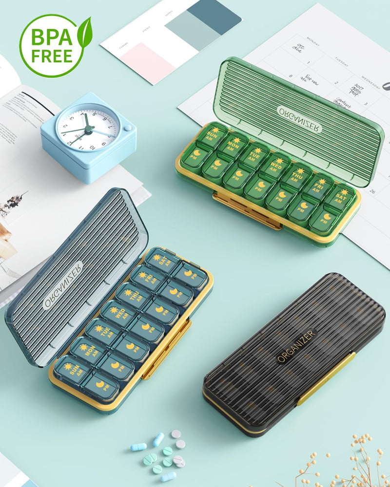Acedada Pill Organizer 2 Times A Day, 7 Day Am Pm Pill Box, Green | Weekly Pill Organizer with Separate Container, Portable Daily Medicine Dispenser Case for Vitamin, Fish Oils, Supplements