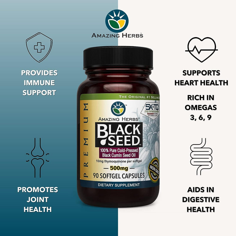 [Australia] - Amazing Herbs Premium Black Seed Oil Capsules - Gluten Free, Non GMO, Cold Pressed Nigella Sativa Aids in Digestive Health, Immune Support, Brain Function - 90 Count, 500mg (Pack of 2) 