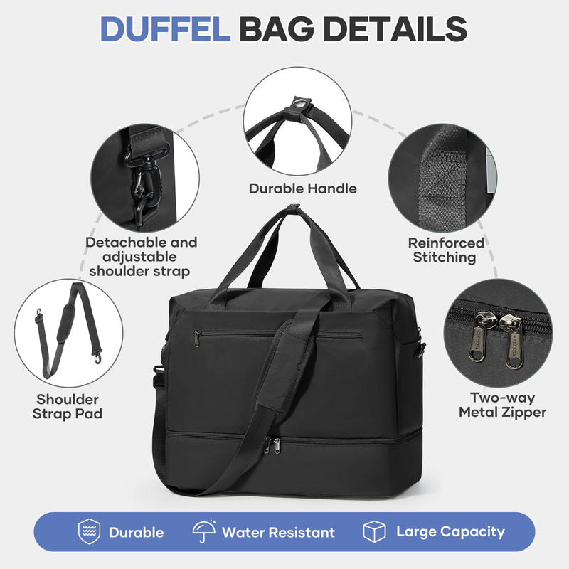 Travel Duffel Bag, Carry-On Overnight Weekender Bags for Women Travel | Personal Item Bag for Airlines,Bottom Shoe Compartment,Trolley Sleeve Black