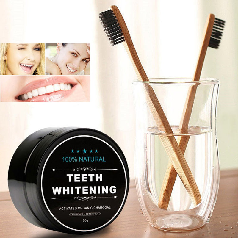 [Australia] - 2-Pack Activated Charcoal Teeth Whitening Powder Natural Coconut Teeth Whitener with Bamboo Brush 