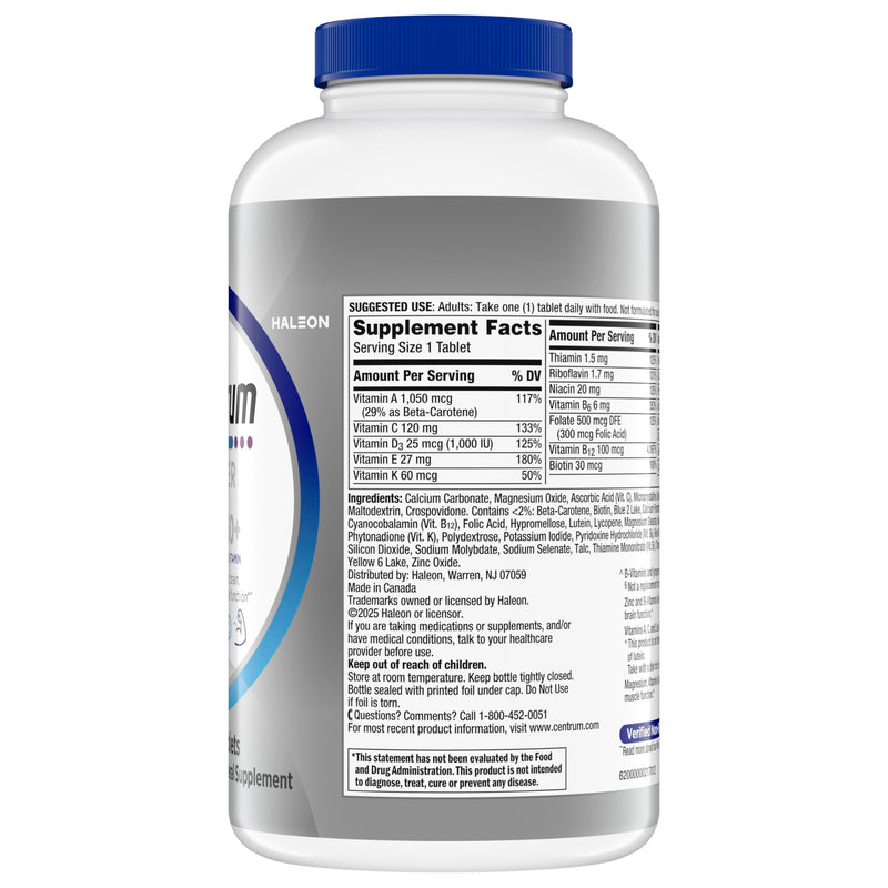Centrum Silver Men's 50+ Multivitamin with Vitamin D3, B-Vitamins, Zinc for Memory and Cognition - 200 Tablets | Contains Vitamins D3, E, B6, and B12, Gluten Free, Non-GMO Ingredients, GLP-1 Support New 200 Count (Pack of 1)