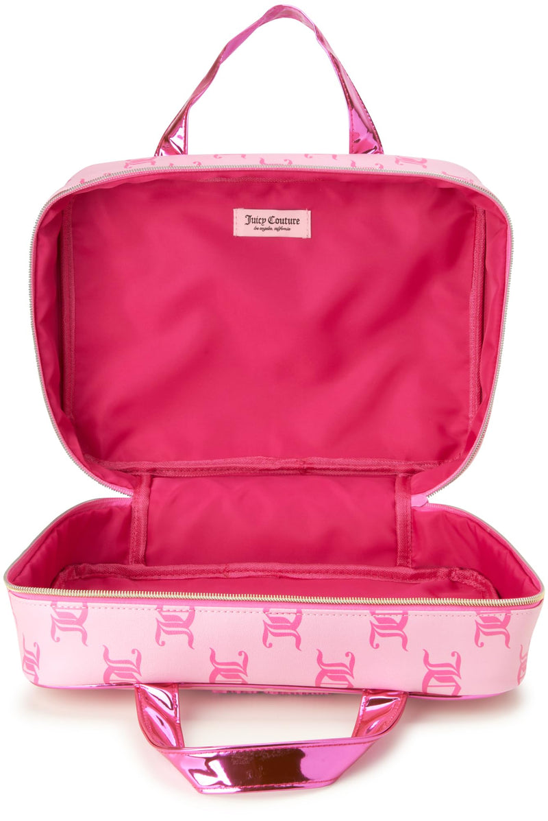Juicy Couture Pink Makeup Bag Cosmetics Organizer Travel Essentials Weekender Logo Shiny Trim