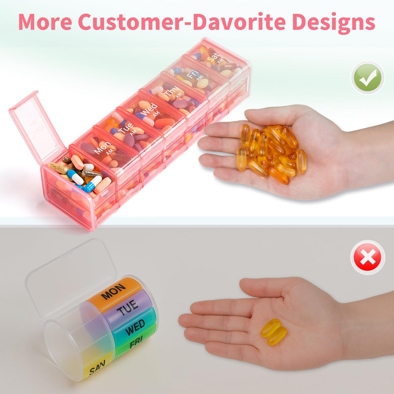 Daviky Extra Large Weekly Pill Organizer 2 Times a Day, XXL Pill Box 7 Day | BPA-Free Daily Medicine Case with AM PM Large Compartments, Jumbo Pill Holder for Fish Oils, Vitamins & Supplements Pink