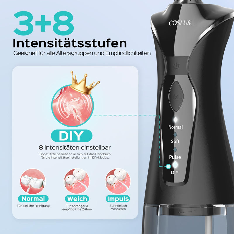 [Australia] - COSLUS oral irrigator wireless electric tooth cleaner: 4 modes oral irrigator wireless 300ml water tank oral irrigator quick charge for 30 days battery life interdental space cleaner black 