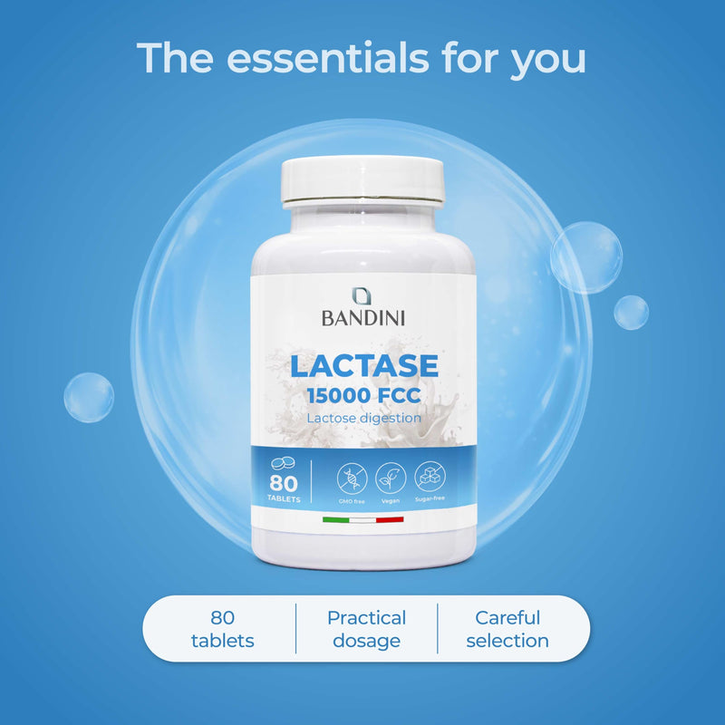 Bandini® Lactase Extra-Strength Dose 15,000 FCC - Helps with Lactose Intolerance - 80 Tablets - Supports the Lactose Digestion - Slow Release Digestive Enzymes Supplement - 100% Vegan - Chemical Free