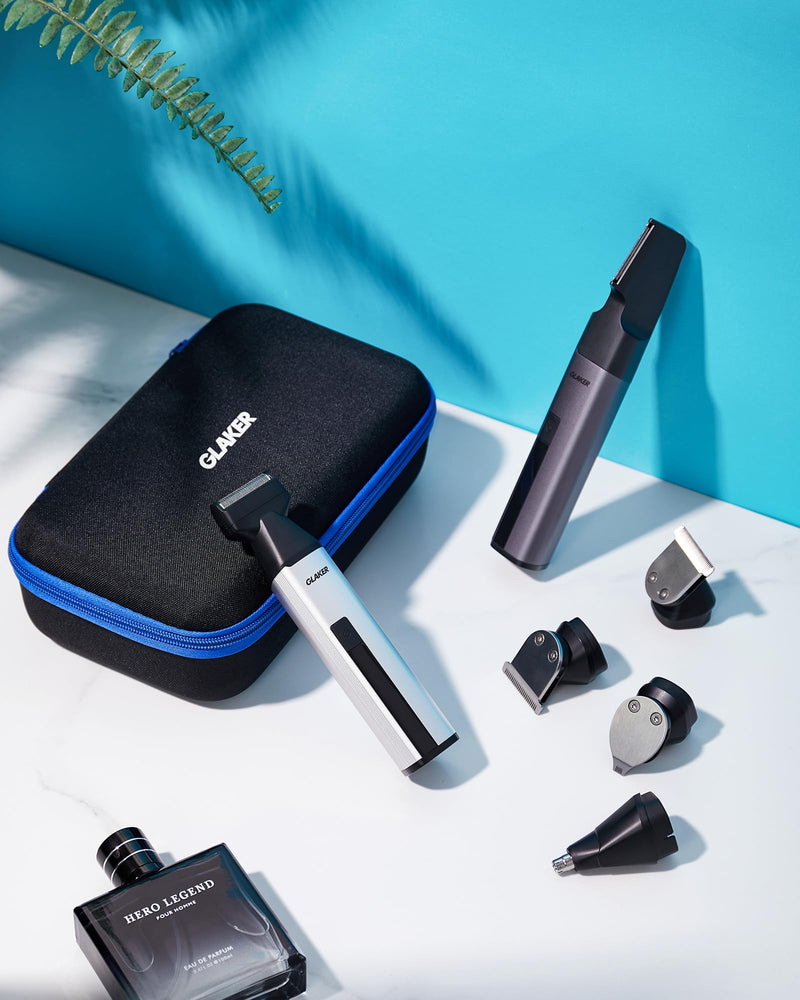 [Australia] - GLAKER Beard Grooming Kit - All in One Hair Cutting Kits, Electronic Shaving Razor, Professional Barber Kit, Mens Body Hair Shaver, Cordless Nose Hair Trimmer, Rechargeable Hair Clippers for Men Silver 
