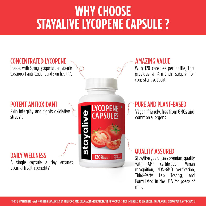 [Australia] - STAY ALIVE Lycopene Supplement for Men 60mg, Natural Tomato Extract Powder, 120 Capsules with 4 Months Supply, 100% Veg Lycopene Complex, Non-GMO and Gluten Free Carotenoid Supplement 
