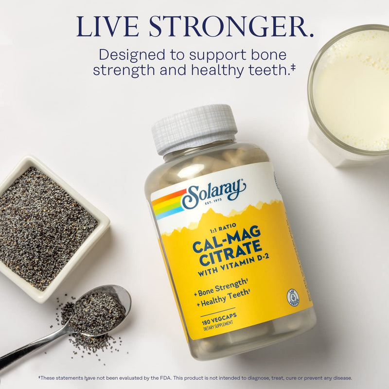 SOLARAY Calcium Magnesium Citrate 1:1 with Vitamin D2, 180 VegCaps | Bone, Muscle, Teeth & Nerve Support, Calcium & Magnesium Citrate with Vitamin D2, 30 Servings, Lab Verified
